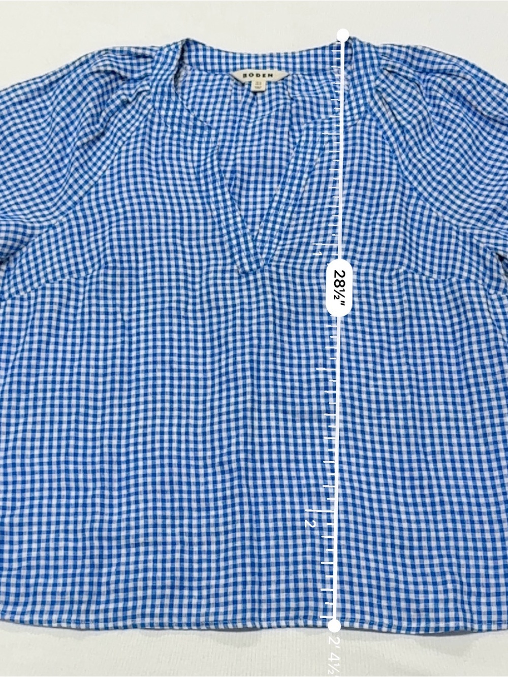 Boden 100% Linen Blue & White Gingham Puff-Sleeve Split-Neck Blouse - Picture 8 of 8